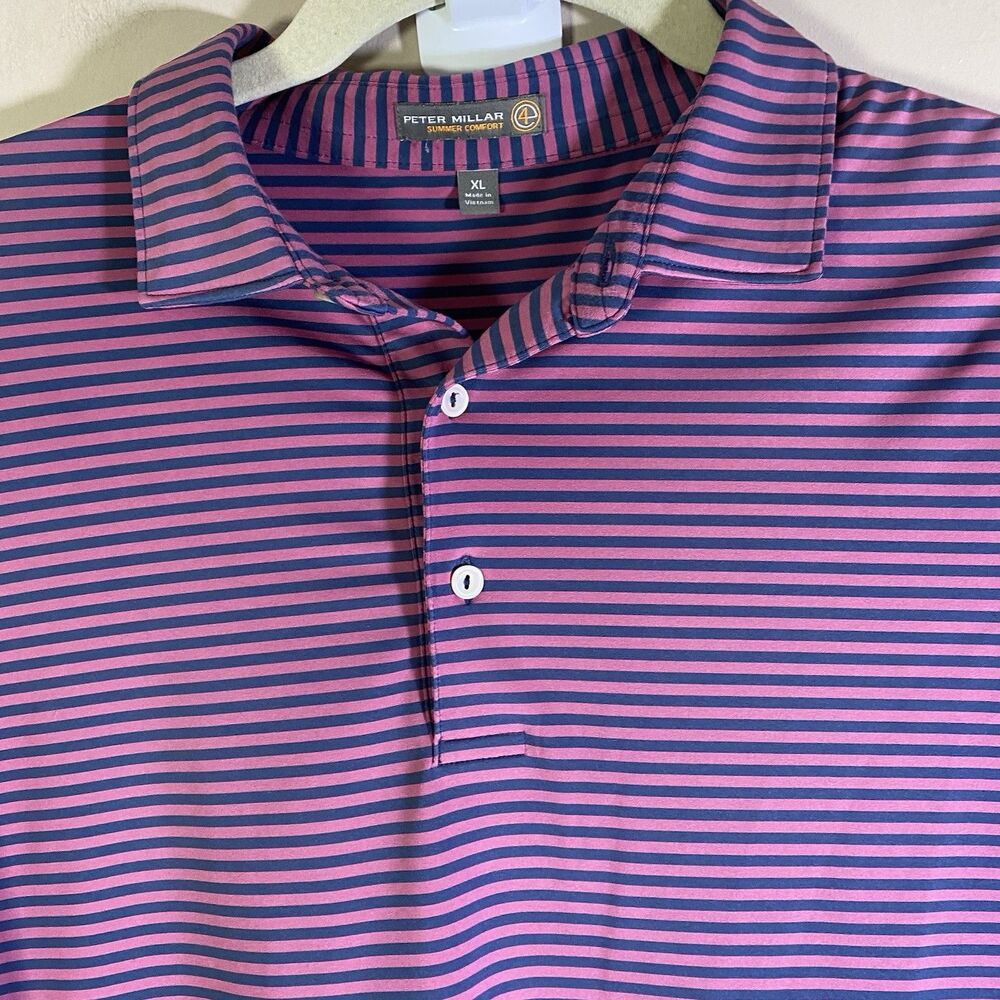 Peter Millar Summer Comfort Polo Shirt Men XL Pink Blue Stripe Golf Performance